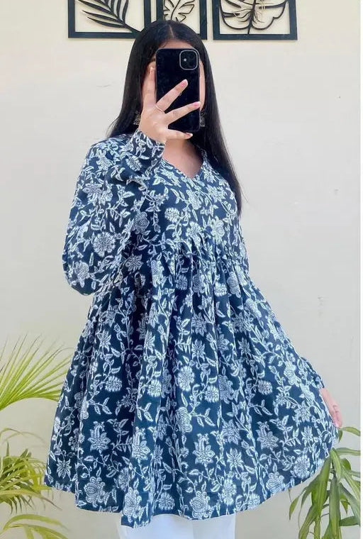 Navy Blue Rayon Floral Kurti
