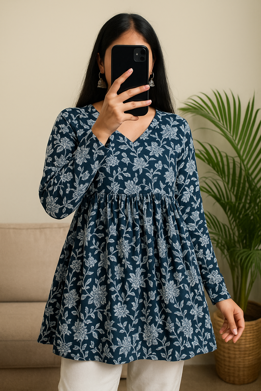 Navy Blue Rayon Floral Kurti
