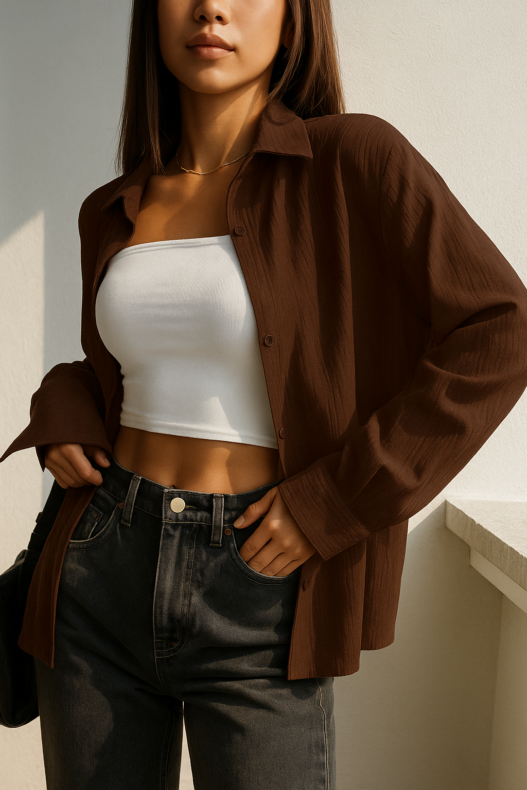 Crinkle Textured Brown Shirt – Oversized