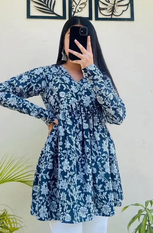 Navy Blue Rayon Floral Kurti